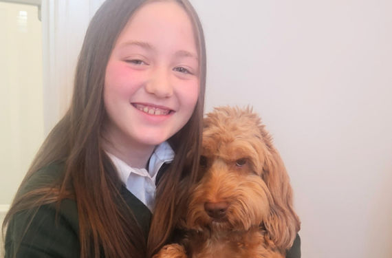 A young girl with brown hair is holding a ginger dog with curly fur