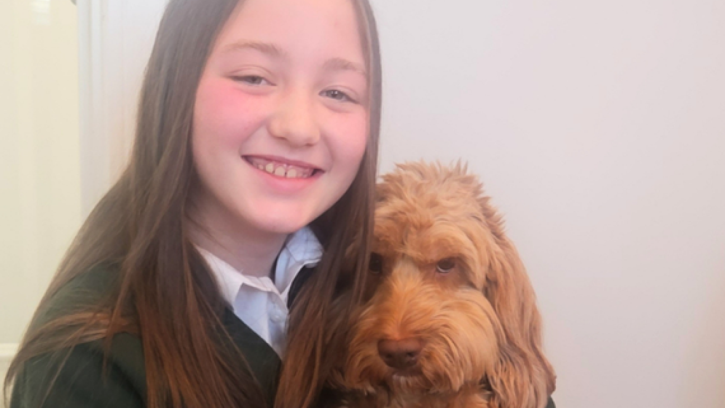 A young girl with brown hair is holding a ginger dog with curly fur